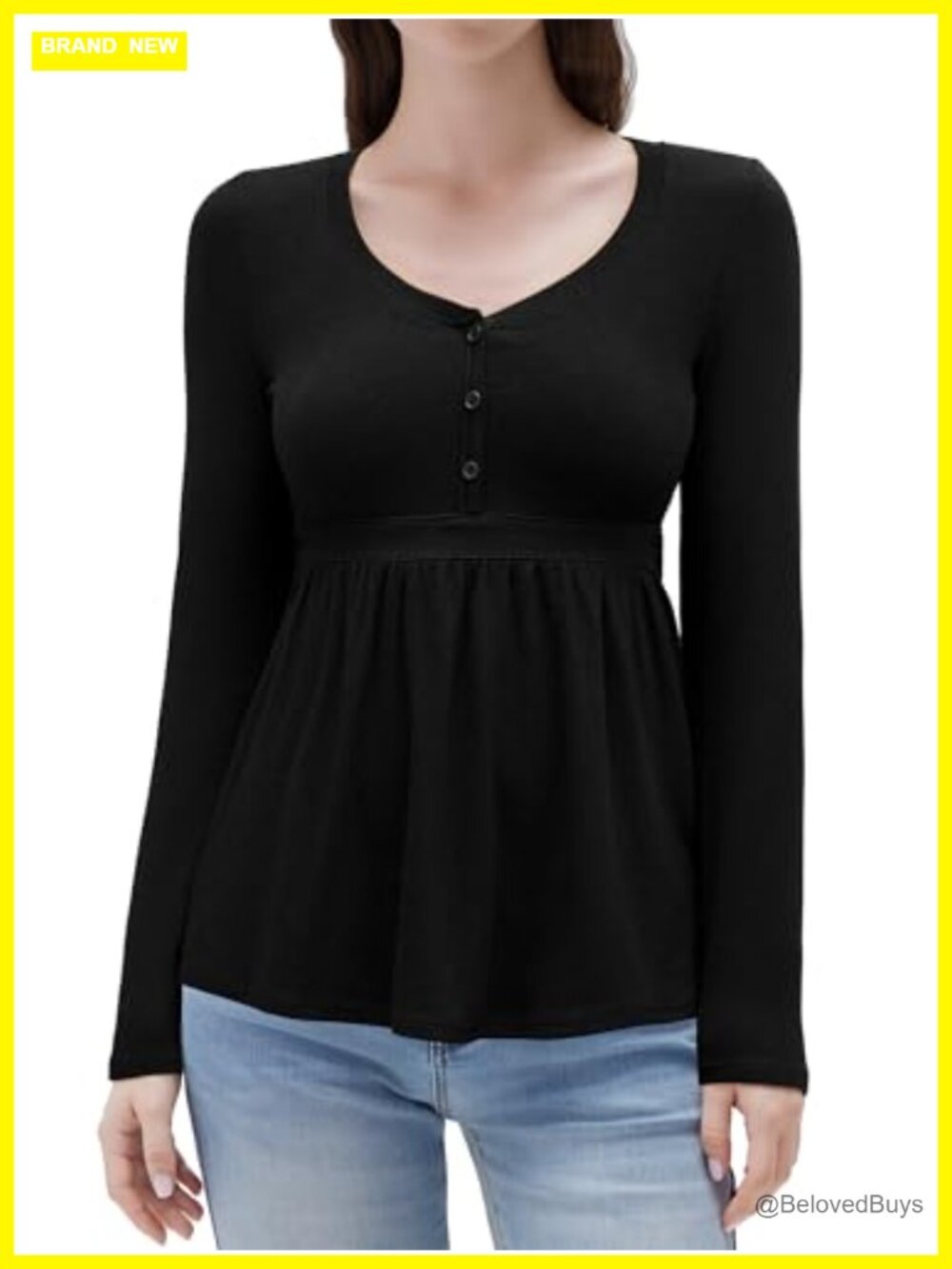 Ribbed Long Sleeve Henley Babydoll Top Scoop Neck Tie Back Blouse